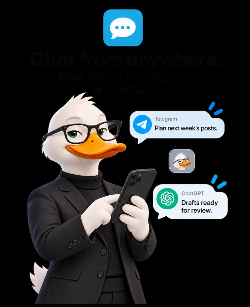 Marka duck working on social content with AI and community tools