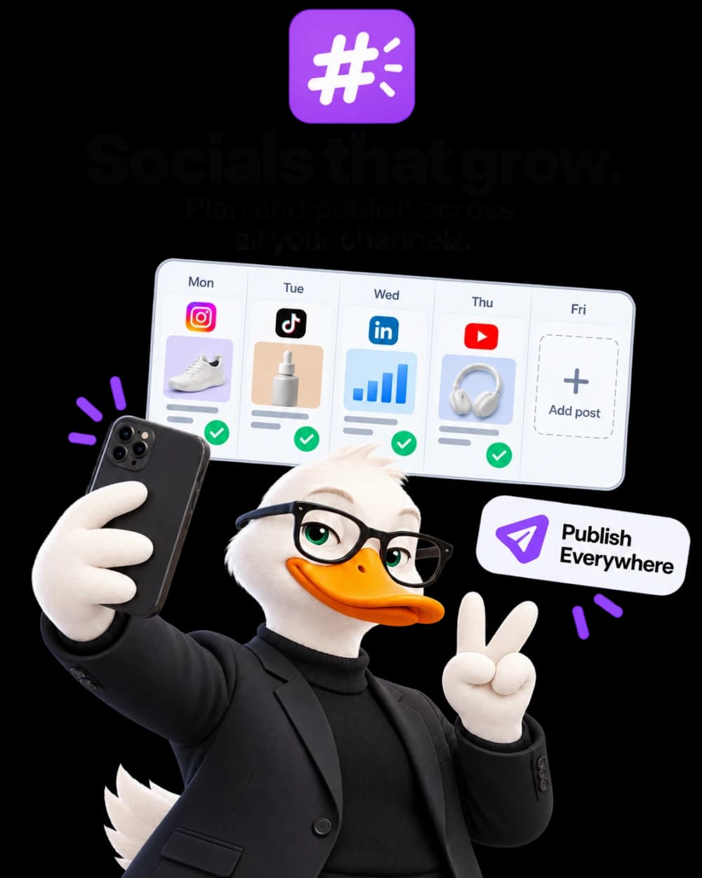 Marka duck presenting a weekly social media calendar for Instagram, TikTok, LinkedIn, and YouTube